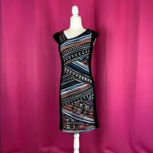 Joseph Ribkoff geometric line sheath wiggle cocktail party dress, size 8